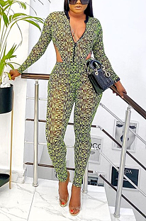Sexy Long Sleeve V Neck Spliced Clashing Colors Clairvoyance Bodycon Jumpsuit MY9782