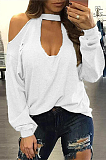 Casual Sexy Long Sleeve Deep V Neck Off Shoulder Hollow Out Tee Top CL6090