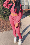 Sporty Long Sleeve Round Neck Waist Tie Crop Top Long Pants Sets DN8563