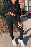 Sporty Long Sleeve Round Neck Waist Tie Crop Top Long Pants Sets DN8563