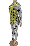 Long Sleeve Newspape Printing Plaid Spliced Casual Two-Piece LY607