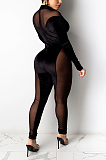 Sexy Polyester Spandex Long Sleeve Round Neck Mesh Yarn Spliced Bodycon Jumpsuit MY9788