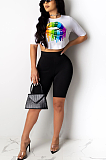 Casual Simplee Mouth Graphic Short Sleeve Round Neck Crop Top Shorts Sets CL6045