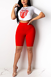 Casual Simplee Mouth Graphic Short Sleeve Round Neck Crop Top Shorts Sets CL6045