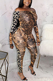 Modest Sexy Leopard Long Sleeve Off Shoulder Notched Neck Bodycon Jumpsuit KSN5081