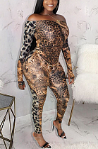 Modest Sexy Leopard Long Sleeve Off Shoulder Notched Neck Bodycon Jumpsuit KSN5081