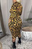 Casual Leopard Long Sleeve High Neck Long Dress A Line Dress ED8336