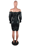 Night Out Sexy Long Sleeve Notched Neck Flounce Shirred Detail Mini Dress JLX2003