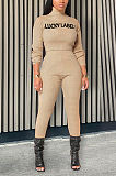 Casual Letter Long Sleeve High Neck Embroidered Chiffy Blouse High Waist Long Pants Sets HR8152