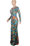 Sexy Woman Printing Dress Comfort Shirred Detail Long Dress YY5241
