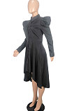 Bubble Sleeve Dress Comfort Cardigan Shirt Dress Long Sleeve Full-Skirted Dress YY5242