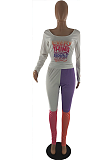 Casual Letter Long Sleeve Round Neck Contrast Binding Tee Top Long Pants Sets SQ6239