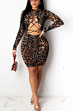 Sexy Leopard Long Sleeve Self Belted Hollow Out Mini Dress HM5406