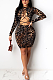 Sexy Leopard Long Sleeve Self Belted Hollow Out Mini Dress HM5406