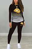 Casual Mouth Graphic Long Sleeve Round Neck Tee Top Long Pants Sets YSH6211