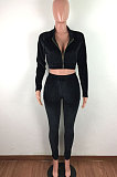 Womenswear Casual Sport Pure Color Pleuche Jacket Zipper Two-Piece LA3243