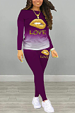 Casual Mouth Graphic Long Sleeve Round Neck Tee Top Long Pants Sets YSH6211