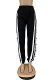 Sporty Polyester Buttoned Mid Waist Long Pants Straight Leg Pants DN8556