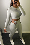 Sexy Long Sleeve Round Neck Self Belted Pit Strip Pants Sets WJ5117