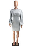 Fashion Casual Pure Color Lantern Sleeve Dress W8350