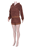 Casual Simplee Tweed Long Sleeve Spliced Hoodie Shorts Sets JZH8018