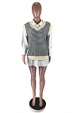 Casual Polyester Long Sleeve Round Neck Houndstooth Spliced Mini Dress BM7139