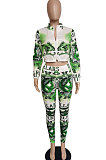 Green Printing Zipper Fashion Casual Sport Pants Two-Piece LBA1101
