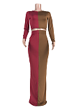Elegant Long Sleeve Round Neck Spliced Split Hem Long Skirt Sets JZH8017