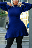 Casual Polyester Long Sleeve High Neck Lantern Sleeve Mini Dress YX9261