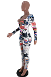 Sweet Cute Polyester Pop Art Print Long Sleeve Hollow Out Bodycon Jumpsuit SXS6017
