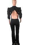 Sexy Falbala Halterneck Pure Color Long Sleeve Round Neck Jumpsuits N9264