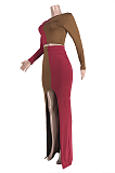 Elegant Long Sleeve Round Neck Spliced Split Hem Long Skirt Sets JZH8017
