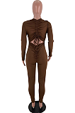 Cute Polyester Long Sleeve Round Neck Hollow Out Ruffle Bodycon Jumpsuit SXS6016