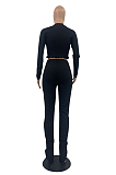 Casual Sexy Long Sleeve Round Neck Waist Tie Ruffle Capris Pants Sets TD5018
