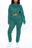 Casual Long Sleeve Round Neck Waist Tie Ripped Long Pants Sets JZH8019
