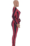 Casual Striped Long Sleeve Deep V Neck Waist Tie Bodycon Jumpsuit 