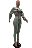 Casual Polyester Letter Long Sleeve Round Neck Crop Top Long Pants Sets SXS6001