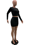 Casual Sexy Polyester Long Sleeve Round Neck Tee Top Above Knee / Short Skirt Sets SXS6004