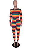 Casual Polyester Striped Long Sleeve Round Neck Bodycon Jumpsuit SXS6010
