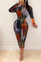 Sexy Pop Art Print Long Sleeve Round Neck Midi Dress ZZS8369