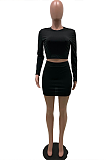 Casual Sexy Polyester Long Sleeve Round Neck Tee Top Above Knee / Short Skirt Sets SXS6004