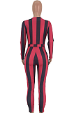 Casual Striped Long Sleeve Deep V Neck Waist Tie Bodycon Jumpsuit 