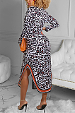 Casual Leopard Long Sleeve Lapel Neck Buttoned Cardigan Long Dress YFS3630