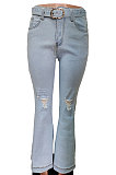 Polyester Mid Waist Belt Flare Leg Pants LD9054