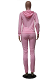 Sporty Pure Color  Long Sleeve Hooded Long Pants Zipper Pants Sets SY8699