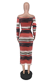 Casual Sexy Striped Long Sleeve Off Shoulder Notched Neck Long Dress ZZS8357