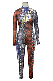 Sexy Pop Art Print Long Sleeve Round Neck Self Belted Hollow Out Bodycon Jumpsuit MY9787