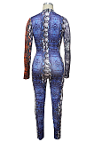 Sexy Pop Art Print Long Sleeve Round Neck Self Belted Hollow Out Bodycon Jumpsuit MY9787