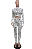 Casual Geometric Graphic Long Sleeve Round Neck Crop Top Long Pants Sets BBN135