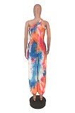 Sexy Tie Dye Sleeveless One Shoulder Wide Leg Jumpsuits ZZS8356